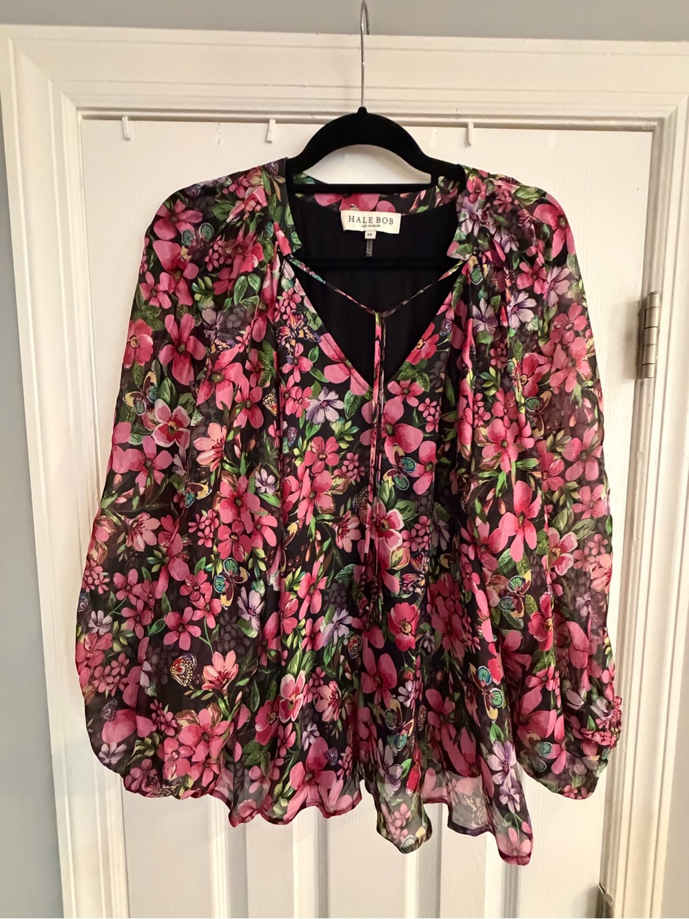 Hale Bob XS Floral Butterfly Tunic Blouse Sheer Bishop Sleeve Beaded Tie